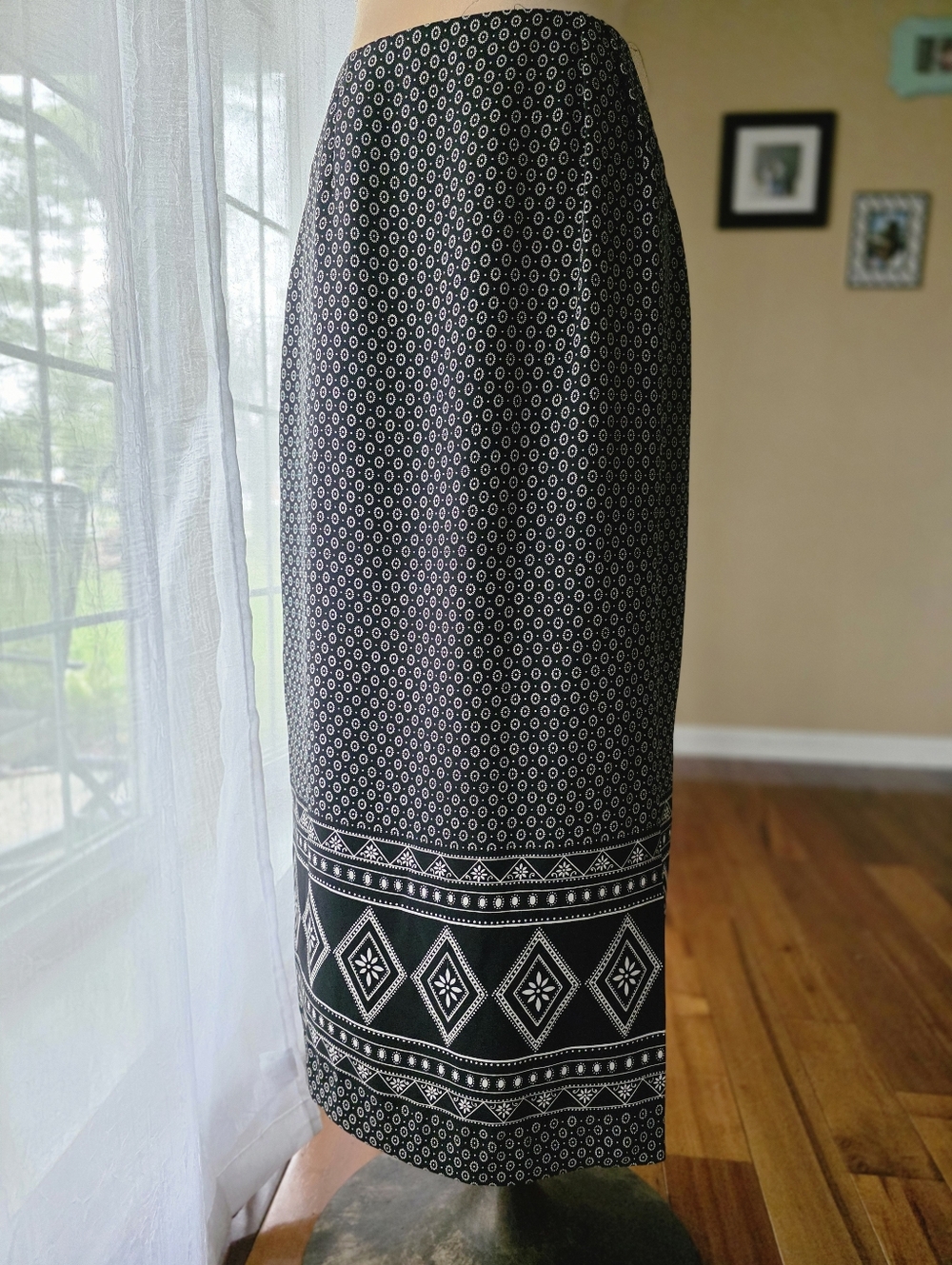Vintage 90s Black Cream Geometric Maxi Skirt Border Print Boho Chaus Size 14